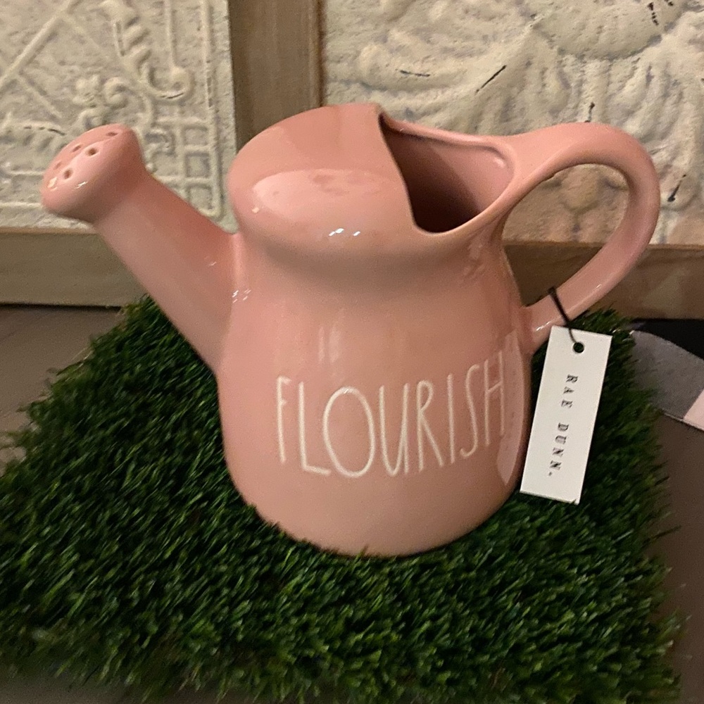 RAE DUNN FLOURISH PINK CERAMIC WATERING CAN Brand new!  Can be used as a planter - Picture 4 of 6